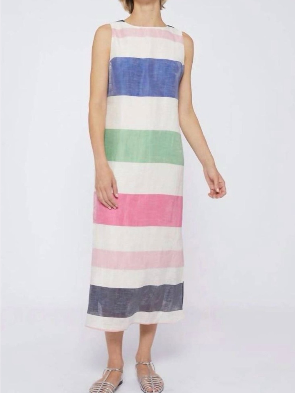 Vilagallo Sleeveless Striped Midi Dress in Blue, Green, Pink, Navy and White